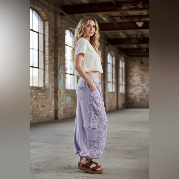 NWT POL Crochet Lace Patchwork Drawstring Jogger Style Sweats Sweat Pants - Picture 2 of 6